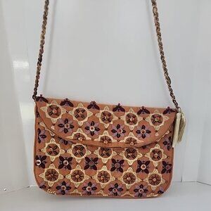 Camel Brown Beaded Embroidered Flower Purse Crossbody Chain Tassels India NWOT